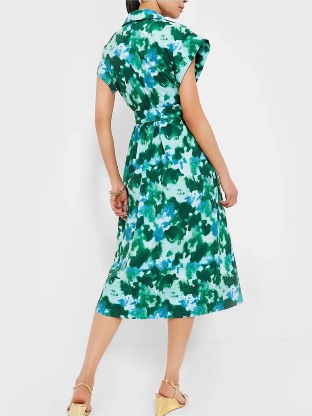 Tuckernuck Chloe Dress Deep Lagoon‎ Belted Midi Short Sleeve Blue Green Preppy L - Picture 3 of 13